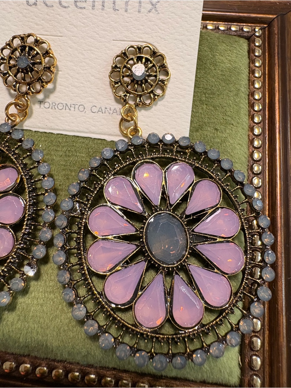 Accentrix Pink Floral Statement Drop Earrings with Gold-Tone Accents - Picture 2 of 3